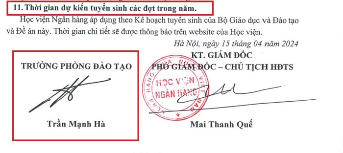 Điểm cuối cùng được Học viện Ngân hàng kê khai là thời gian dự kiến tuyển sinh các đợt trong năm, thiếu rất nhiều nội dung theo quy định. hoc-vien-ngan-hang-6.jpg