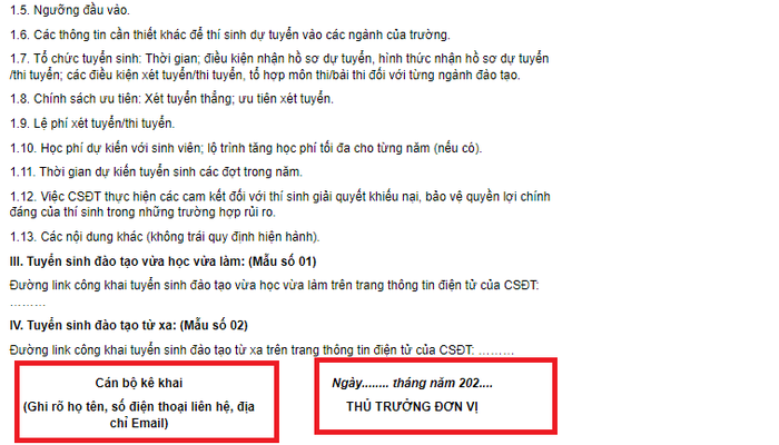 Thông tư 08/2022/TT-BGDĐT yêu cầu kê khai đầy đủ thông tin của cán bộ kê khai và cần có chữ ký của Thủ trưởng đơn vị. (Ảnh chụp màn hình) cong-khai.png
