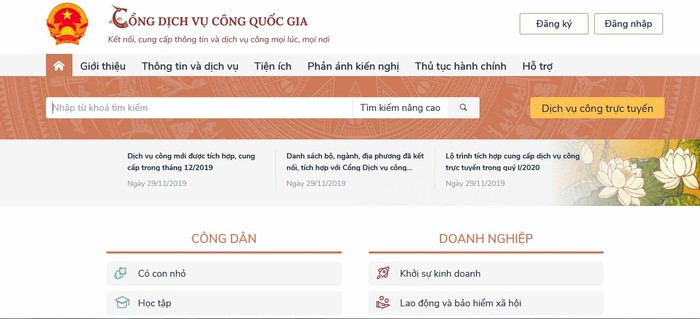 Ảnh chụp màn hình Cổng Dịch vụ công Quốc gia