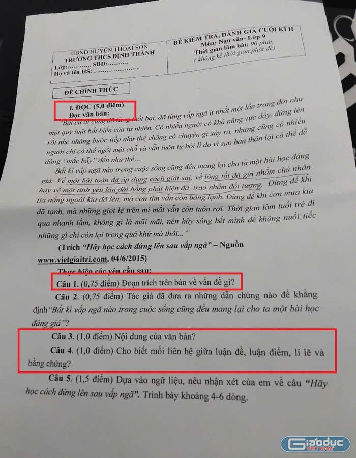 Đề kiểm tra, đánh giá cuối kỳ II môn Ngữ văn lớp 9 của Trường Trung học cơ sở Định Thành (huyện Thoại Sơn, tỉnh An Giang). Ảnh: Phụ huynh cung cấp GDVN_de ngu van lop 9.jpg