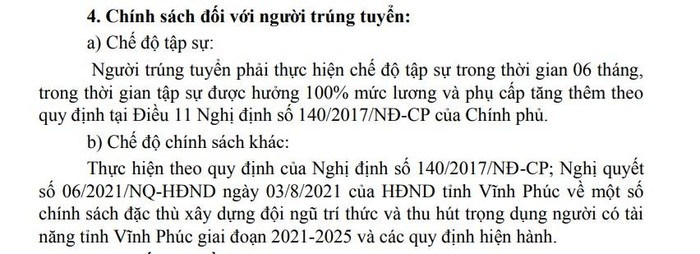 Chính sách đối với người trúng tuyển. Ảnh cắt màn hình.