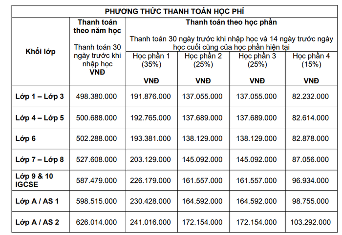 Bảng học phí chương trình quốc tế của Trường Quốc tế Singapore tại Gamuda Garden năm học 2024-2025. Ảnh chụp màn hình