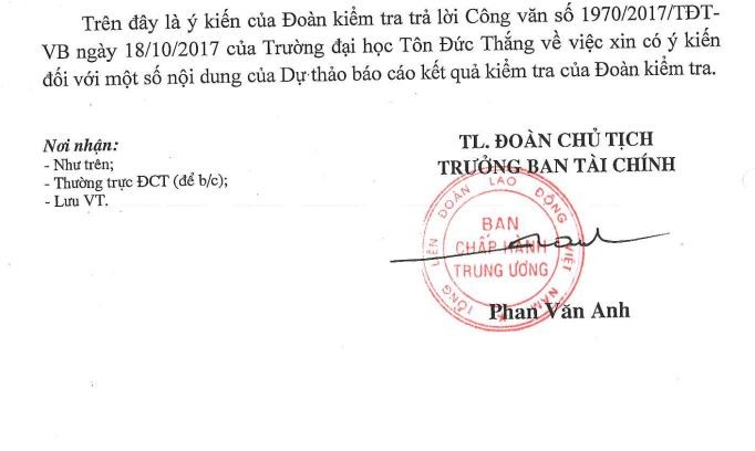 Ảnh chụp màn hình trang cuối văn bản số 1933/TLĐ ngày 29/11/2017 mà Trưởng ban Tài chính Phan Văn Anh &quot;thừa lệnh Đoàn chủ tịch Tổng liên đoàn&quot; ký, gửi Trường Đại học Tôn Đức Thắng.