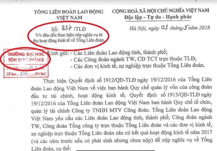 Ảnh chụp màn hình văn bản số 837/TLĐ ngày 3/5/2018 do ông Phan Văn Anh ký, gửi các đơn vị bao gồm Trường Đại học Tôn Đức Thắng.