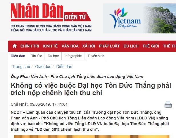 Ảnh chụp màn hình bài viết trên Báo Nhân Dân dẫn lời ông Phan Văn Anh - Phó chủ tịch Tổng liên đoàn Lao động Việt Nam khẳng định &quot;không có việc Tổng liên đoàn Lao động Việt Nam buộc Đại học Tôn Đức Thắng phải trích nộp về Tổng liên đoàn đến 30% chênh lệch thu chi&quot;.
