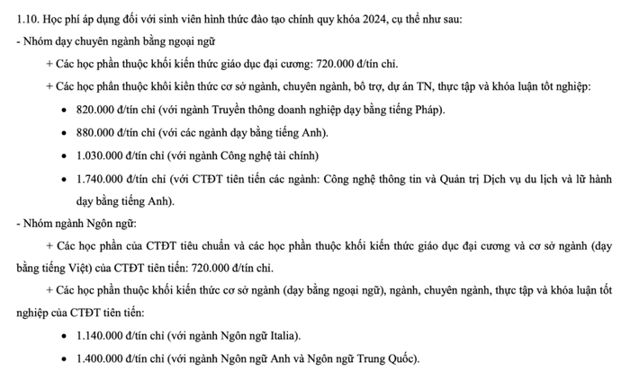 Học phí áp dụng đối với sinh viên hình thức đào tạo chính quy khóa 2024 tại Trường Đại học Hà Nội. Ảnh chụp màn hình đề án tuyển sinh của trường. Ảnh màn hình 2024-07-25 lúc 14.45.05.png