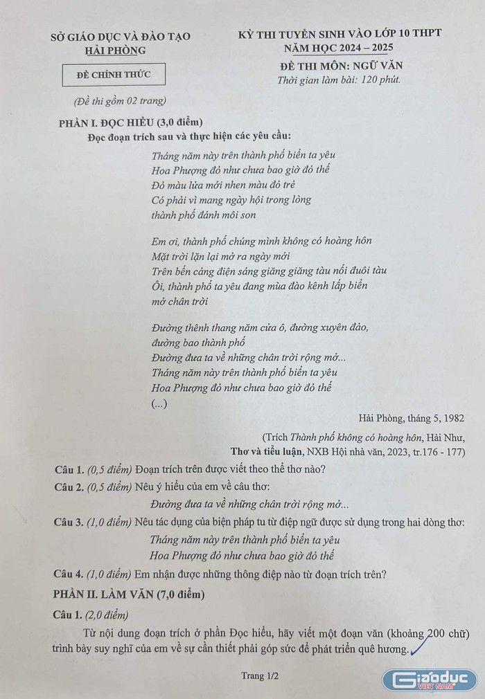 Đề thi môn Ngữ văn trong kỳ thi tuyển sinh vào lớp 10 tại Hải Phòng (Ảnh: LT) GDVN_de-thi-Van-1.jpg
