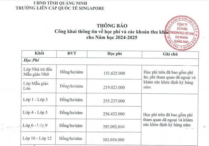 Học phí năm học 2024-2025 của Trường Liên cấp Quốc tế Singapore. (Ảnh chụp màn hình) singapore-3.jpg