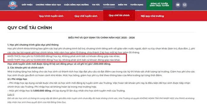 Học phí năm học 2025-2026 của trường dao động từ 11.500.000 - 12.000.000 đồng/ học kỳ tùy khối lớp. (Ảnh chụp màn hình) merie-curie-4.jpg