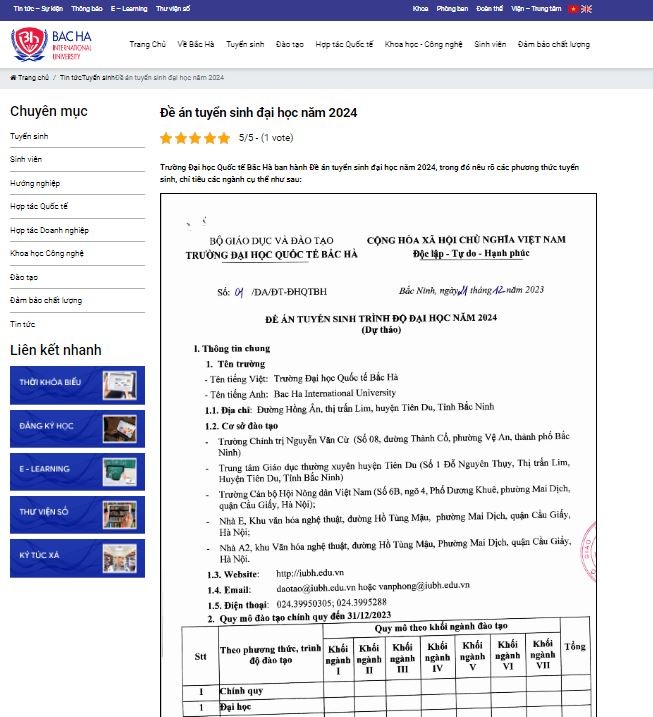 Đề án tuyển sinh năm 2024 của Trường Đại học Quốc tế Bắc Hà. (Ảnh: chụp màn hình) dats-2024.JPG