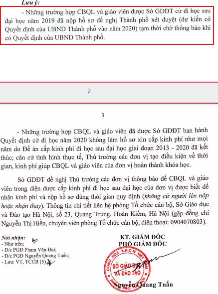 Văn bản 335 của Sở Giáo dục và Đào tạo Hà Nội cũng nêu rõ, với đối tượng được cử đi học sau đại học năm 2020 sẽ không thuộc diện được cấp kinh phí hỗ trợ bởi Đề án cấp kinh phí đi học sau đại học giai đoạn 2013-2020 đã kết thúc. gv-thpt-di-hoc-thac-sy-khong-duoc-tra-tro-cap-222.JPG