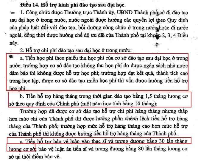 Tại điều 14, Quyết định 01/2014 của Ủy ban Nhân dân Thành phố Hà Nội có nêu đối với đối tượng được cử đi học trong nước sẽ được hỗ trợ học phí + tiền hỗ trợ hằng tháng (1,5 tháng lương cơ sở) + tiền hỗ trợ bảo vệ luận văn thạc sỹ và tương đương bằng 30 tháng lương cơ sở. (Ảnh: cắt màn hình) ho-tro-hoc-thac-sy.JPG