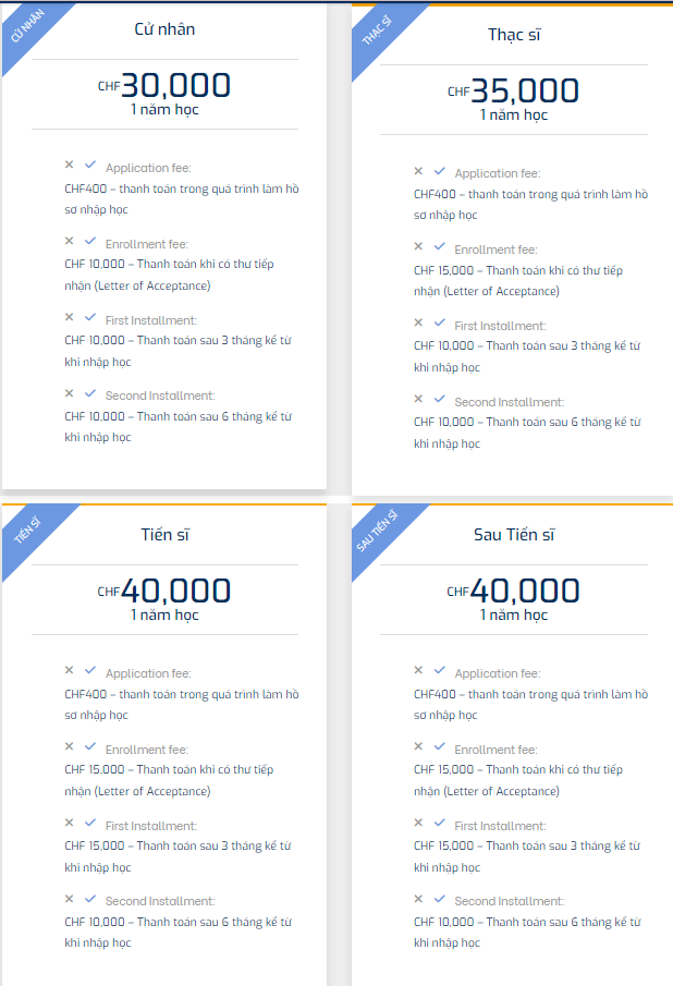 Theo nữ nhân viên của LAS Việt Nam có mức học phí cử nhân, thạc sĩ, tiến sĩ và sau tiến sĩ được công bố trên trang web, đơn cử như chương trình đào tạo cử nhân là 30.000 CHF (FRanc Thụy sĩ/năm học); Thạc sĩ là 35.000 CHF/năm học....1 France = 1,10 USD (giá quy đổi ngày 21/1).