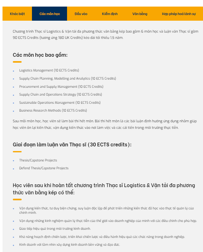 Chương trình đào tạo thạc sĩ Logistics và Vận tải đa phương thức được quảng bá trên website.