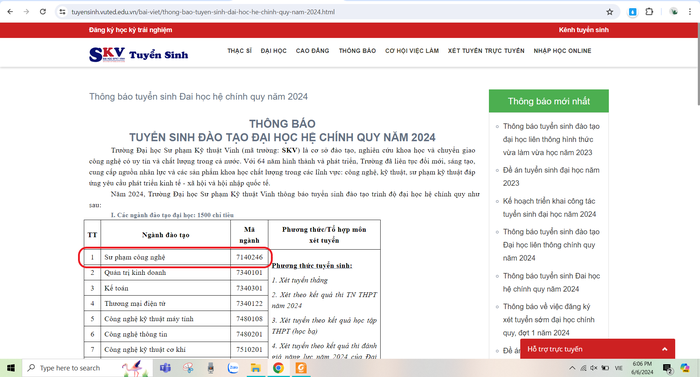 Ngành Sư phạm công nghệ có trong Thông báo tuyển sinh đại học hệ chính quy năm 2024 của Trường Đại học Sư phạm Kỹ thuật Vinh. (Ảnh chụp màn hình) Sư phạm công nghệ .png