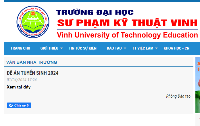Ảnh chụp màn hình website của Trường Đại học Sư phạm Kỹ thuật Vinh ngày 13/6/2024 lại cho thông tin nhà trường đăng tải Đề án tuyển sinh năm 2024 vào ngày 1/4/2024. Đã đăng đề án tuyển sinh 2024.PNG