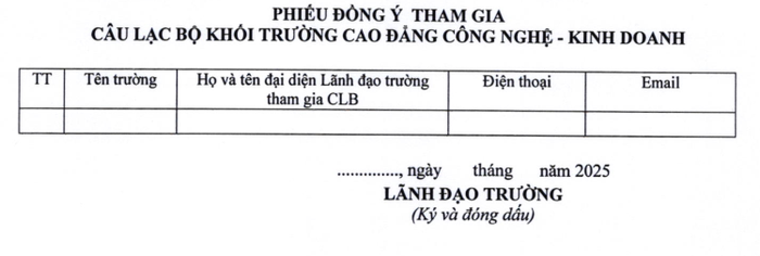 Mẫu đăng ký tham gia Câu lạc bộ Khối trường Cao đẳng Công nghệ - Kinh doanh