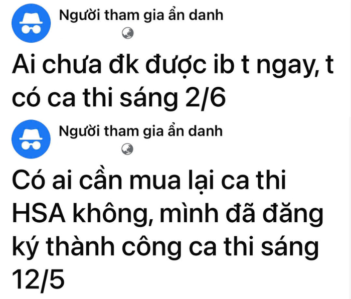 Từ các đợt thi đánh giá năng lực năm 2024, mạng xã hội đã rần rần các bài đăng của các cá nhân “mời gọi&quot; mua ca thi. Nhiều thí sinh không tỉnh táo đã mất tiền oan vào đây. Ảnh chụp màn hình.