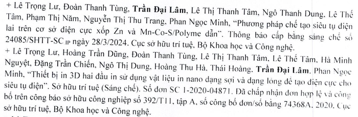 Danh mục một số công trình khoa học, bằng độc quyền sáng chế, giải pháp hữu ích trong 5 năm trở lại đây của Giáo sư Trần Đại Lâm (ảnh chụp màn hình bản kê khai của thầy Lâm) Danh mục một số công trình khoa học, bằng độc quyền sáng chế, giải pháp hữu ích trong 5 năm trở lại đây của Giáo sư Trần Đại Lâm (ảnh chụp màn hình bản kê khai của thầy Lâm)