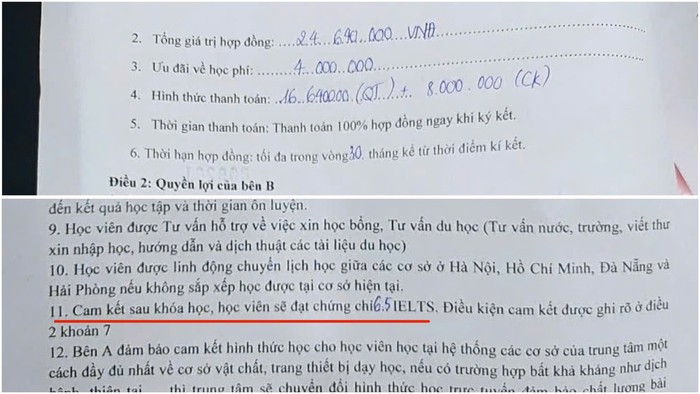 Đóng học phí gần 25 triệu đồng với cam kết chuẩn đầu ra IELTS nhưng con chị Hà không đạt kết quả như trung tâm đã cam kết. (Ảnh NVCC)