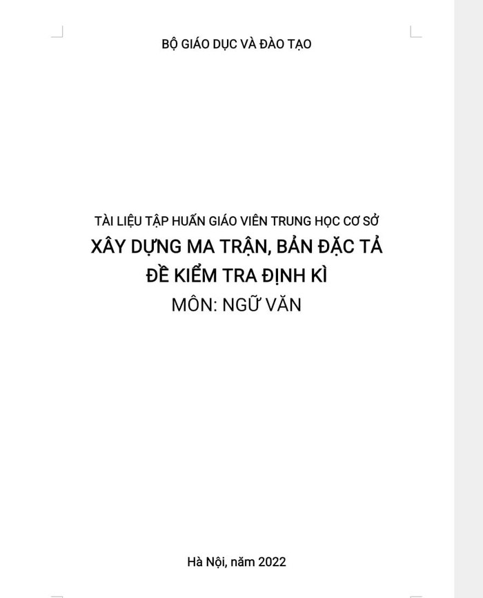 Tài liệu tập huấn cho giáo viên về ma trận đề kiểm tra mới (Ảnh chụp từ màn hình)