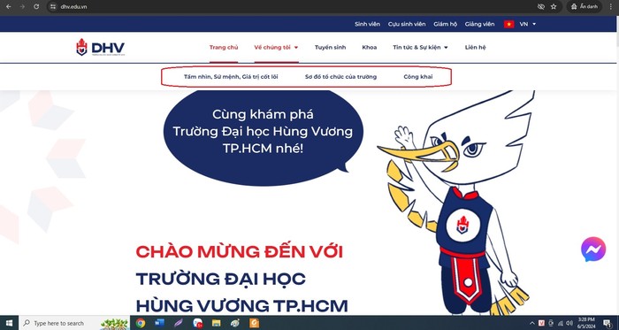 Ảnh chụp màn hình các mục trong phần "Về chúng tôi" của Trường Đại học Hùng Vương Thành phố Hồ Chí Minh. 6.1.jpg