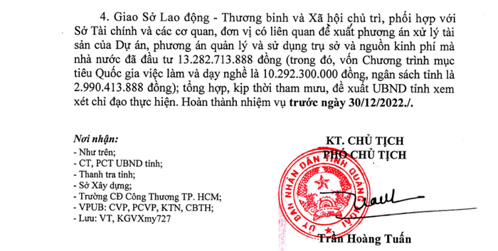 Công văn của Ủy ban nhân dân tỉnh Quảng Ngãi yêu cầu các Sở, ngành liên quan tham mưu cách giải quyết đối với Dự án Trung tâm dạy nghề kiểu mẫu Sơn Tịnh. Ảnh: NP